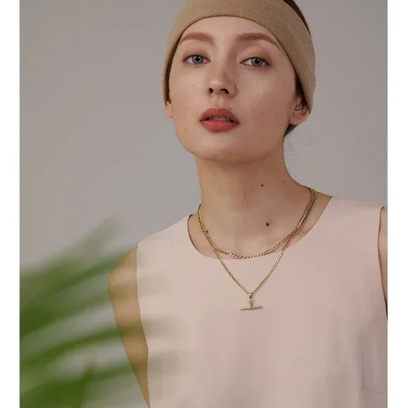 NEW 18K Gold Plated Double Layer Link Chain Bar Drop Necklace - Picture 2 of 4